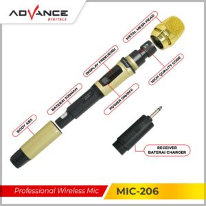 Advance Mic-206 Microphone Double Duet Wireless Receiver Uhf Mic206 Mikrofon Bluetooth Gold Bisa Di Charger Garansi 1 Tahun