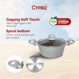 Cypruz Pi-1021 Casserole Pan Stock Pot Panci Anti Lengket 20 Cm Dengan Tutup Featherlight Series Grey